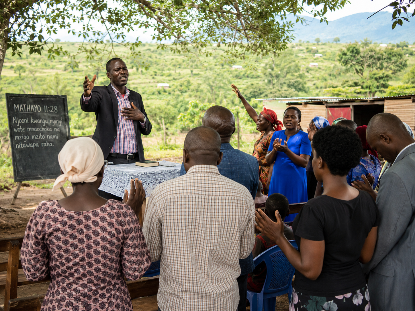 Kenyan pastor leading worship with a rural congregation